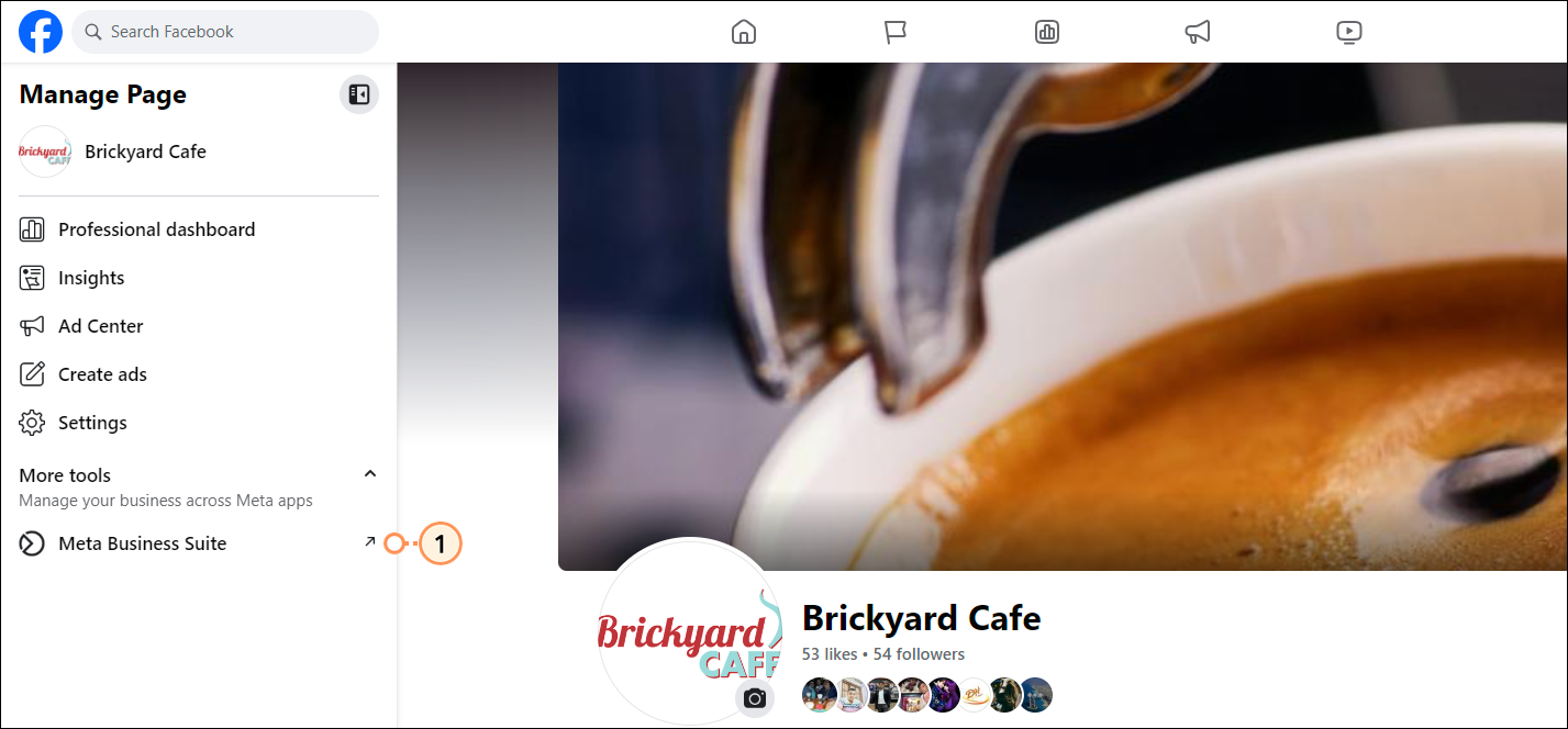 Facebook Page with Manage Page menu and Publishing Tools option