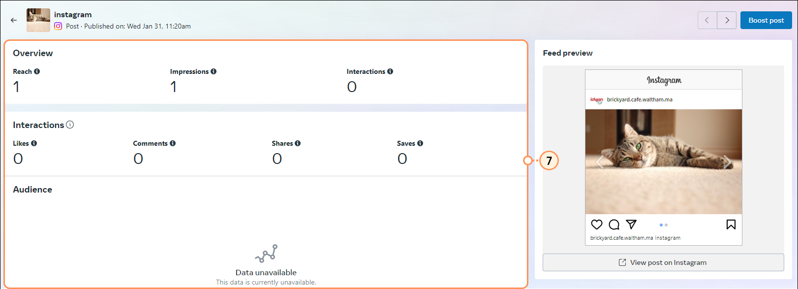 Facebook Publishing Tools Post Details view with Post Preview, Performance for Your Post section, and Negative Feedback section