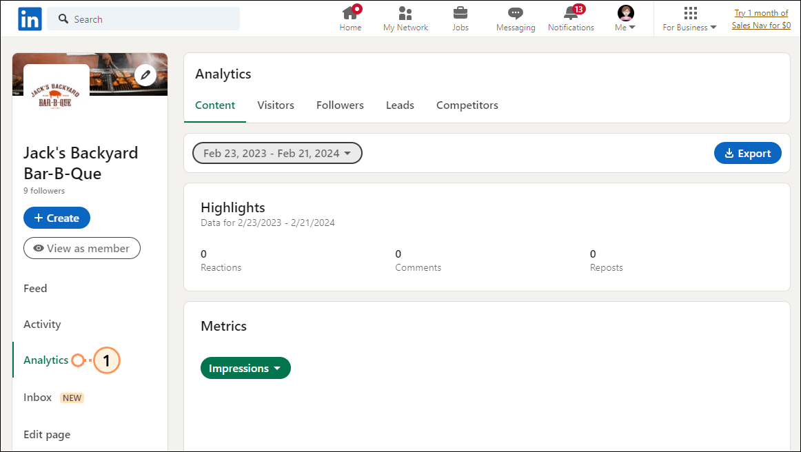 LinkedIn Company Page with Analytics tab expanded and Updates option selected