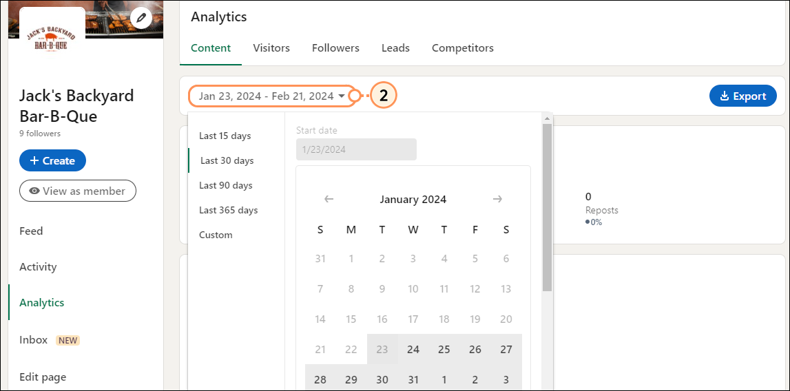 LinkedIn Update analytics page with Update metrics section and Time range drop-down menu and Metric drop-down menu options