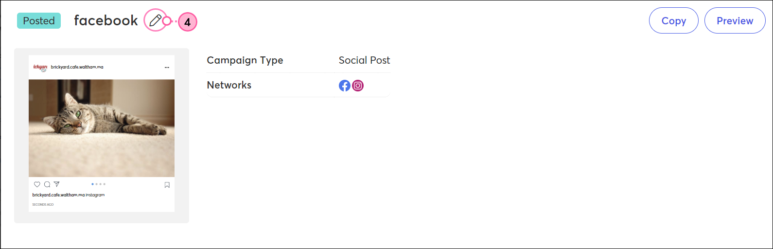 Social Post Details Page with post name and Edit Name (pencil) icon