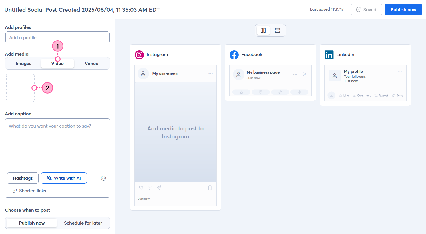Social post editor with Add media section, Video option selected, and Add button Create post overlay with Add media section and Video option selected, and Add button