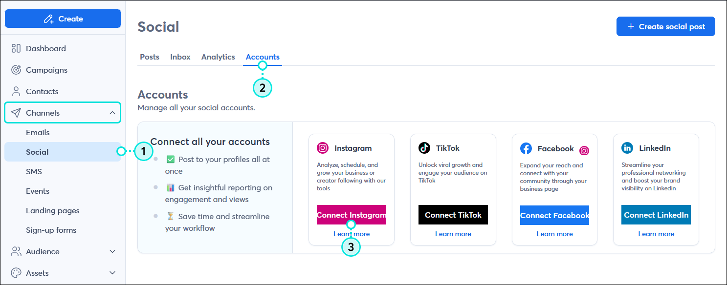 Menú Channels (Canales) expandido con la opción Social (Redes sociales) seleccionada, tablero Social (Redes sociales) con la pestaña Accounts (Cuentas) seleccionada y opción Accounts (Cuentas) con el ícono de Instagram y el botón Connect Instagram (Conectar Instagram)