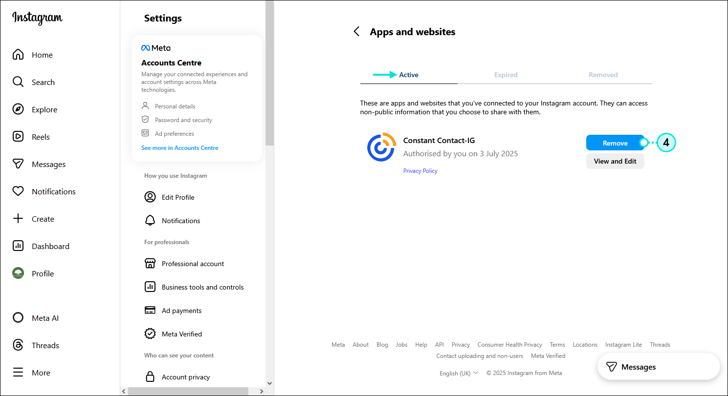 Instagram account with Apps and website page, Active tab selected, Constant Contact-IG app and Remove button