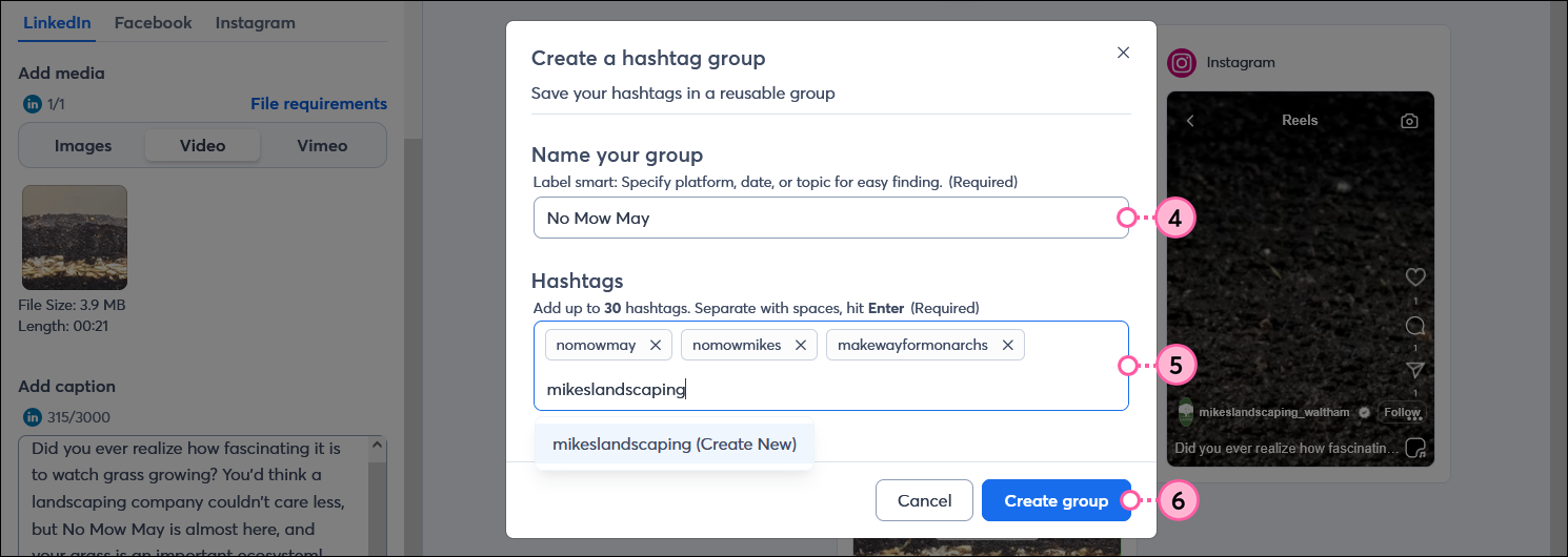 Create a hashtag group overlay with Name your group field, Hashtags field with multiple hashtags, and Create group button