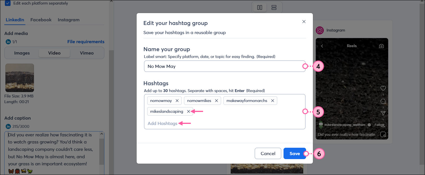 Edit your hashtag group overlay with Name your group field, Hashtags field with multiple hashtags and add and delete options, and Save button