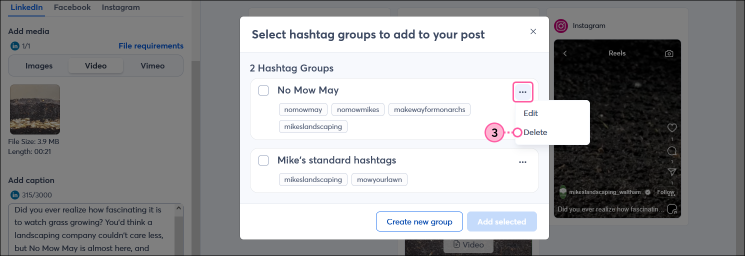 Select hashtag groups to add to your post overlay with hashtag group menu expaneded and Delete option selected