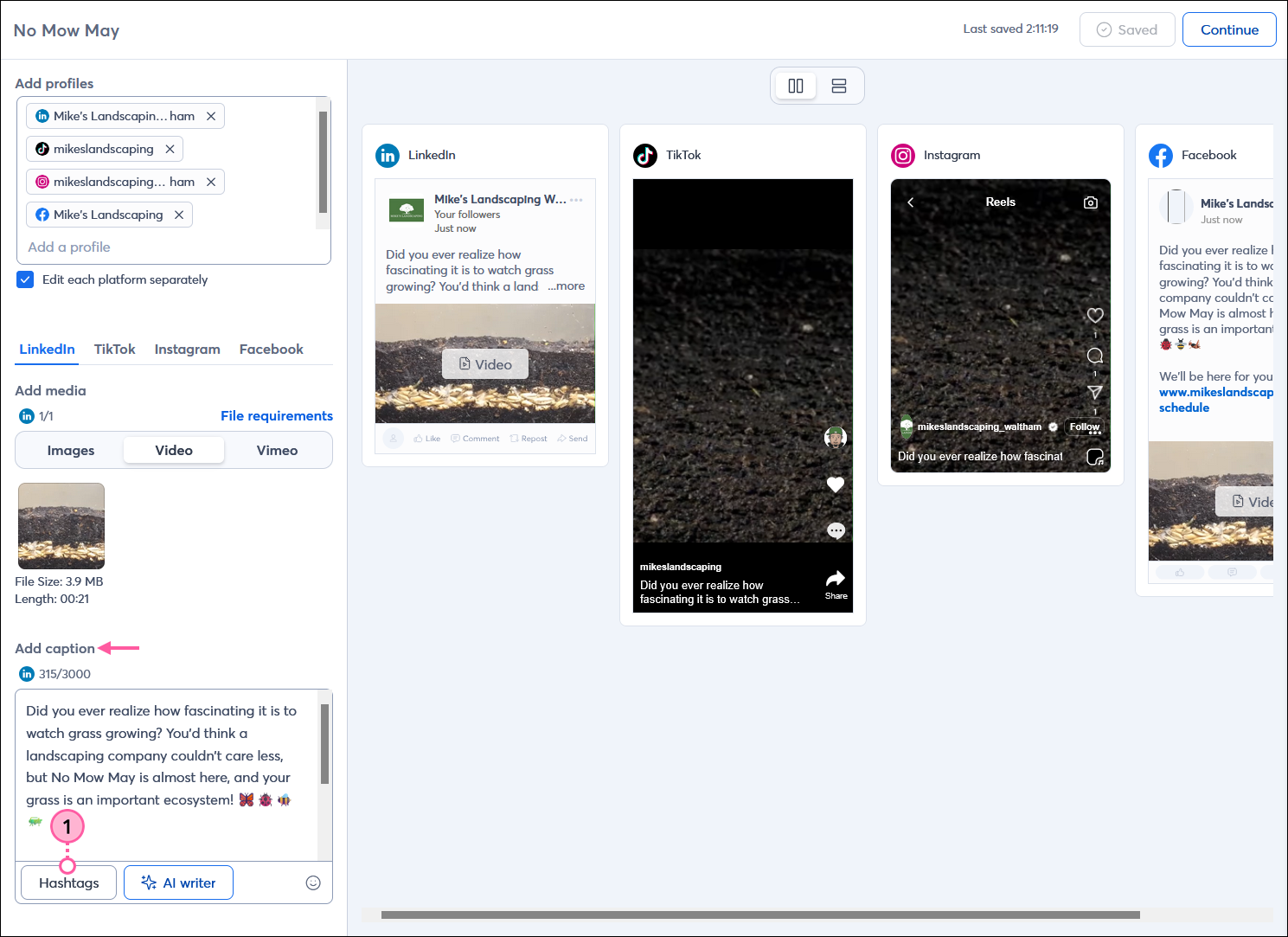 Social post editor with multiple profiles and post variation enabled, LinkedIn option selected, Add caption section with post content and Hashtags button