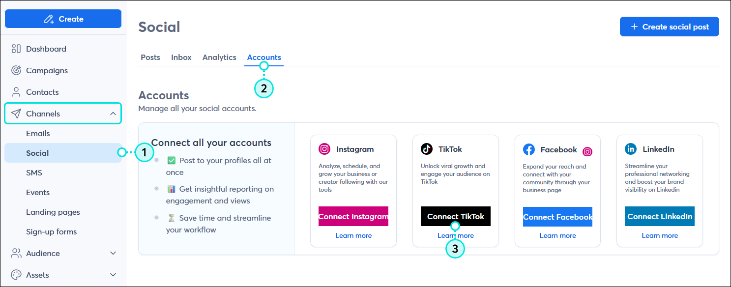 Channels menu expanded with Social option selected, Social dashboard with Accounts tab selected, and Accounts options with TikTok tile and Connect TikTok button