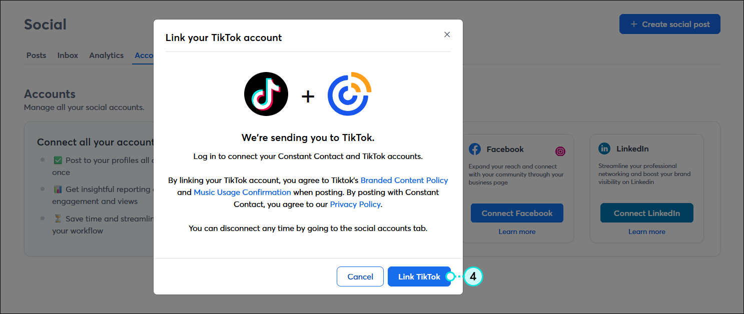 Link your TikTok account overlay with terms and conditions, and Link TikTok button
