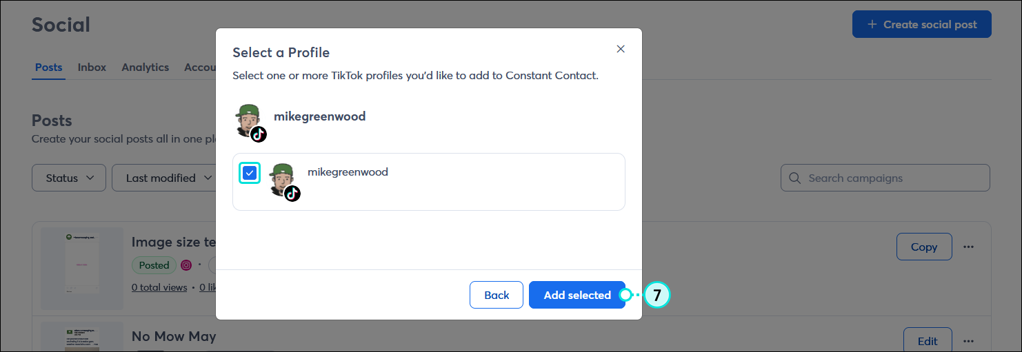 Select a profile overlay with TikTok profile selected and Add selected button