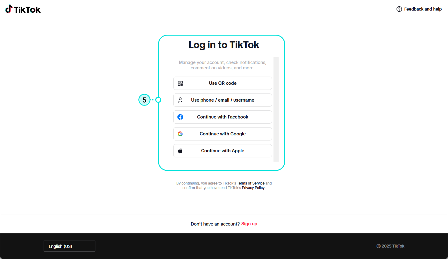 TikTok login page with Use QR code, Use phone/email/username, Continue with Facebook, Continue with Google, and Continue with Apple options