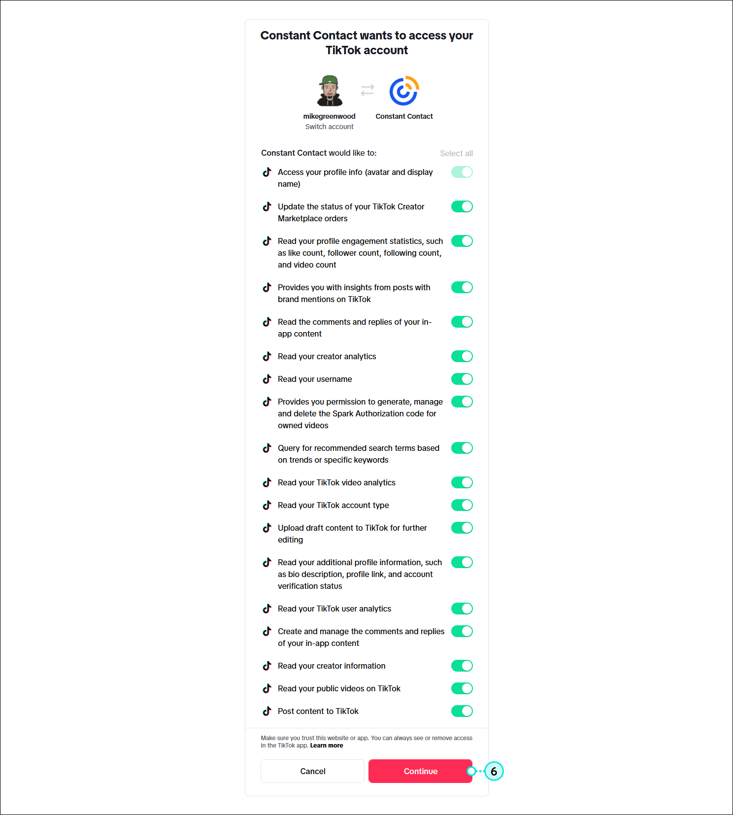 TikTok permission options and Continue button