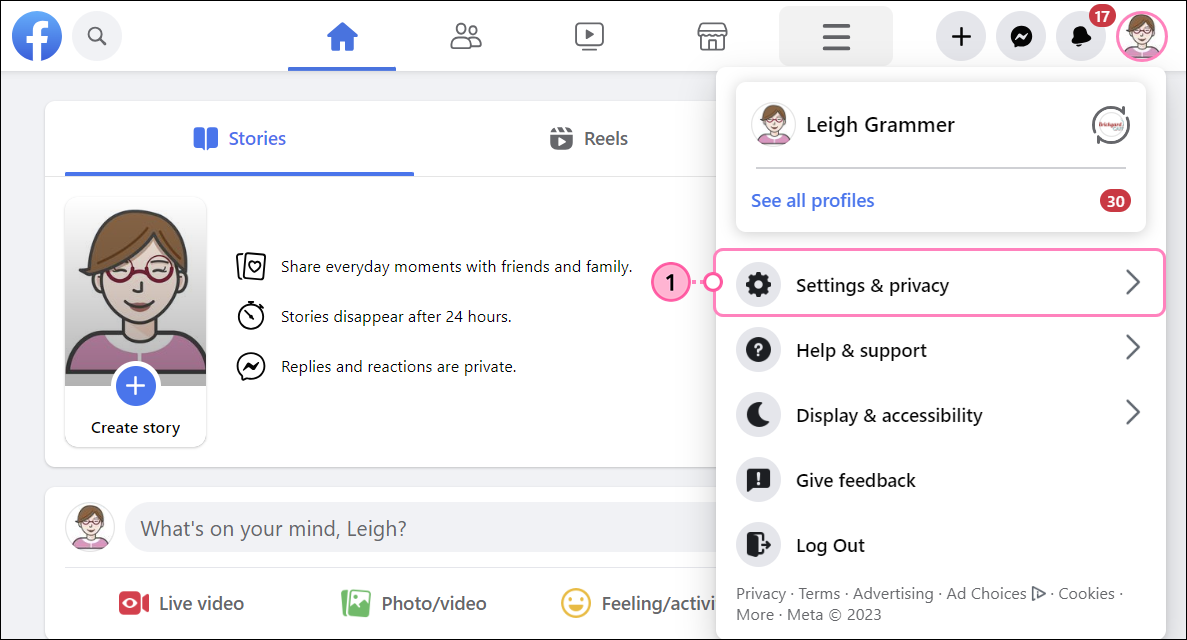 Facebook Account menu expanded and Settings and Privacy option selected