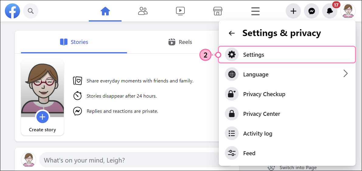 Facebook Settings and Privacy menu expanded and Settings option selected