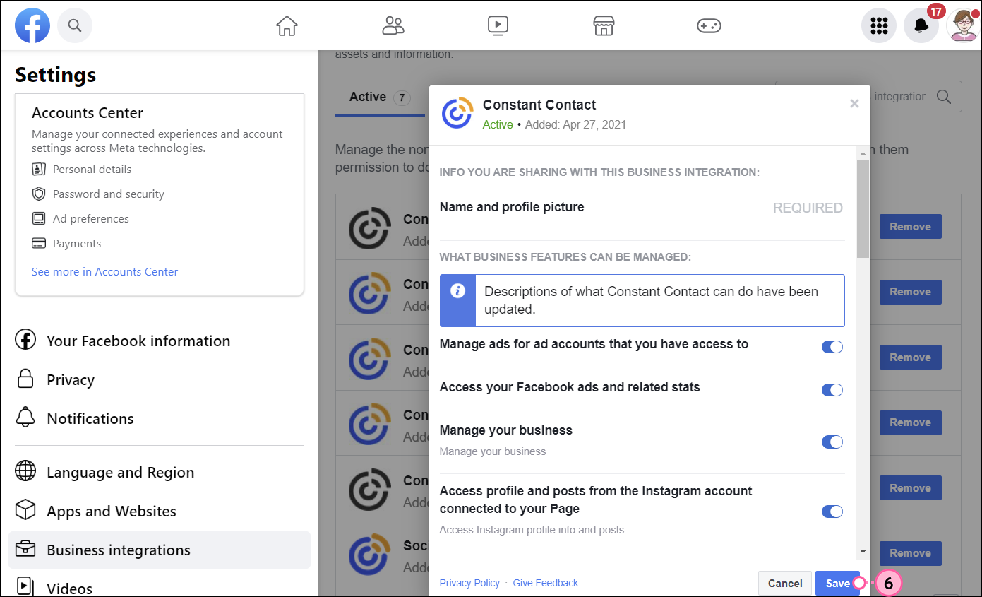 Facebook Settings menu and Business Integrations option selected, Constant Contact overlay with permissions list , Cancel button, and Save button