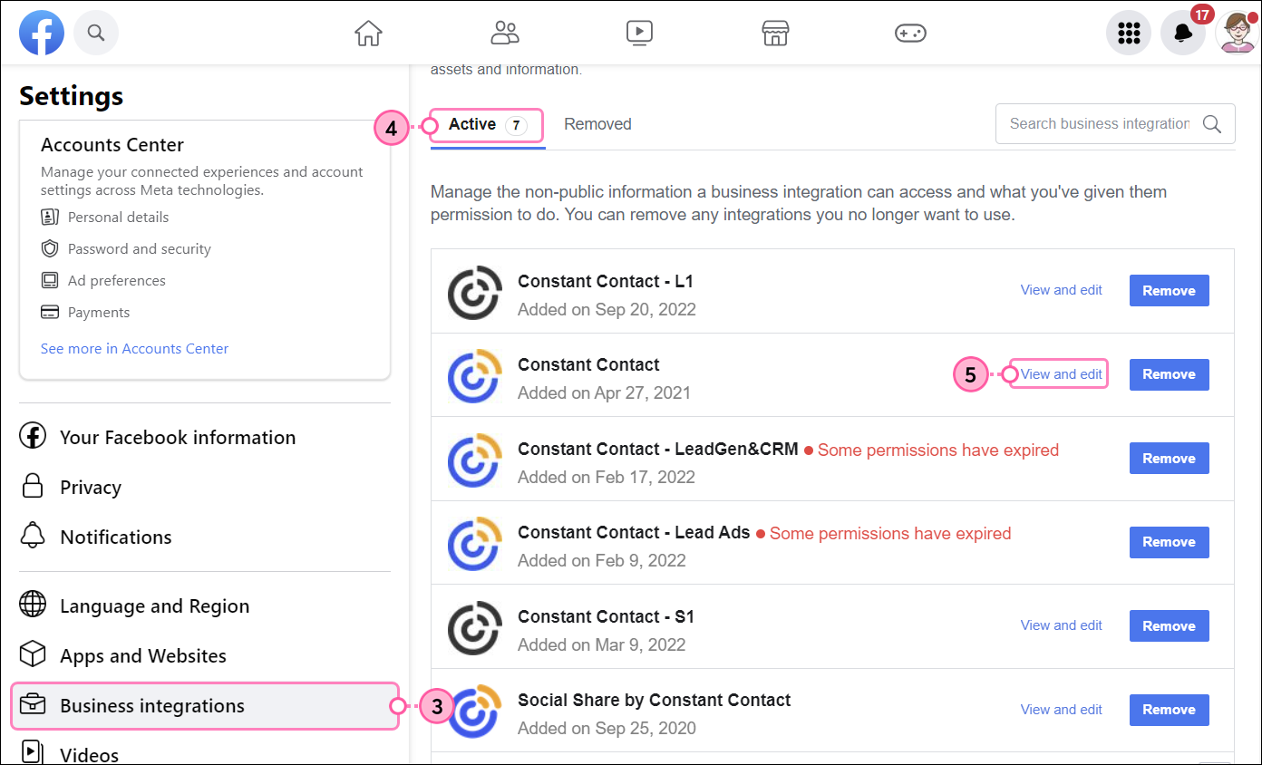 Facebook Settings menu and Business Integrations option selected, Business Integrations page with Active tab selected, Constant Contact app and View and edit link