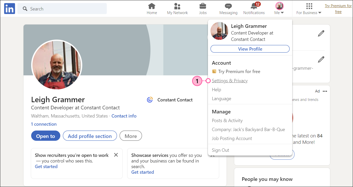 LinkedIn Organization Page view with Me menu expanded, Account section, and Settings & Privacy option selected