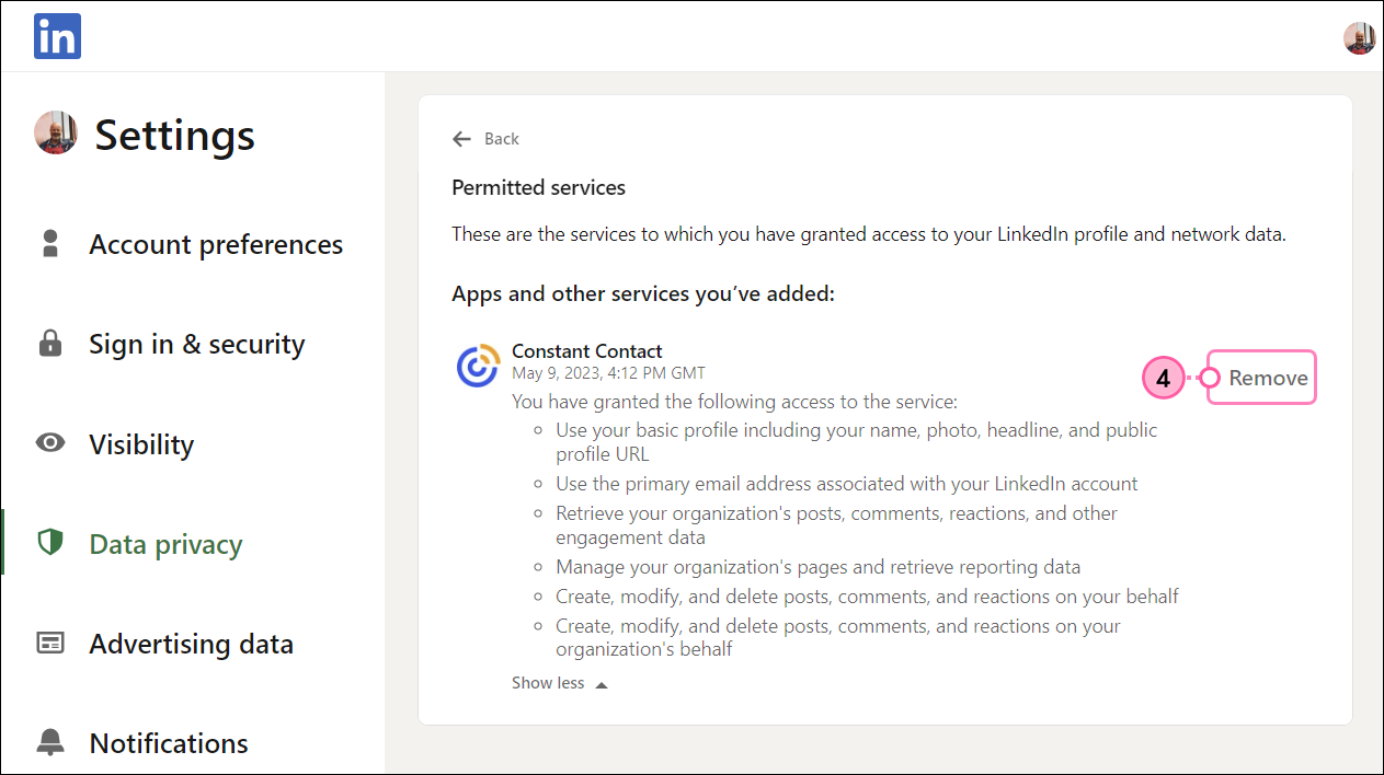 LinkedIn Other applications page, Permitted services section expanded with Constant Contact app permissions displayed