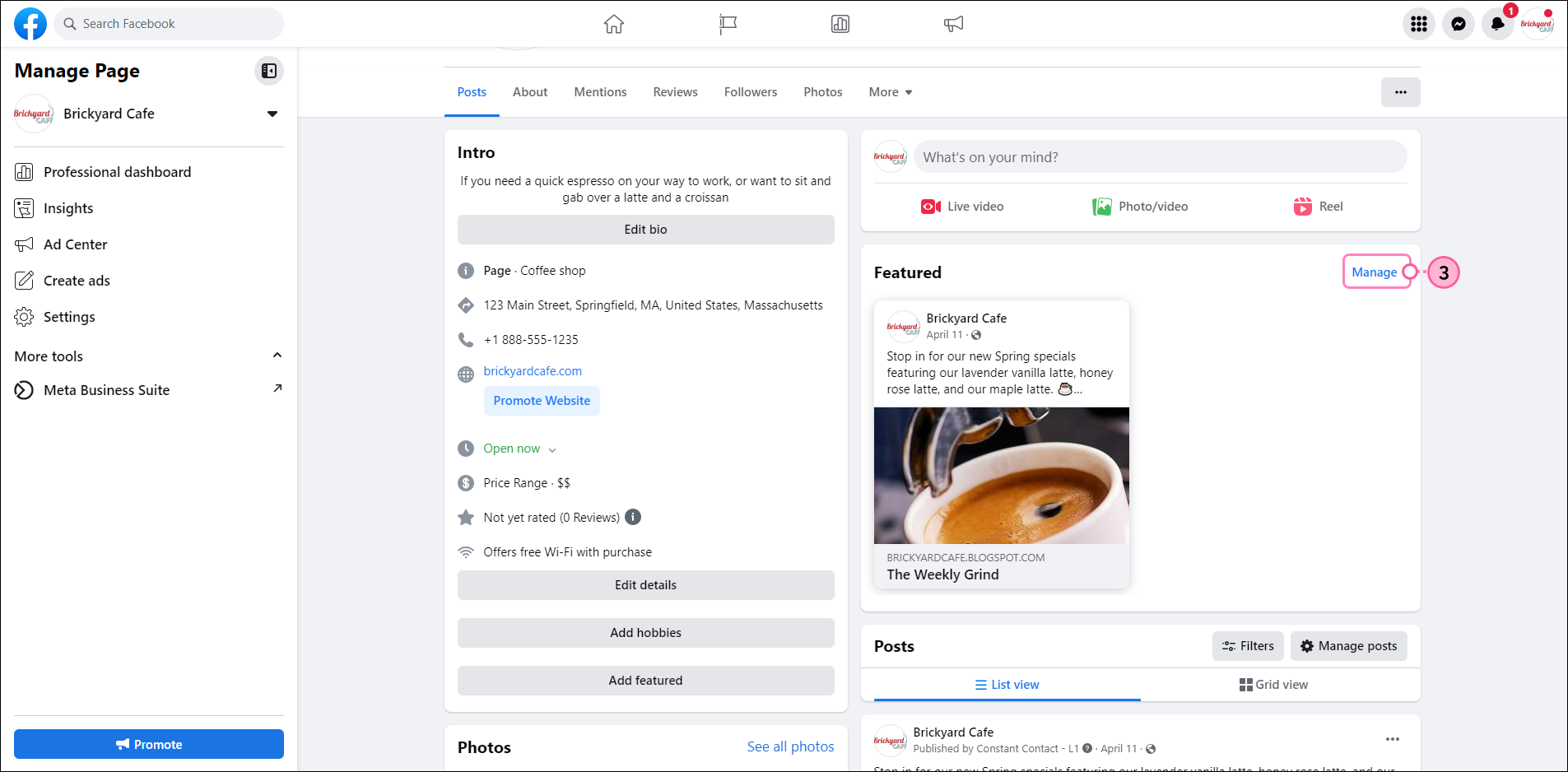 Pinned Post (Publicación fijada), Post Menu Expanded (Menú de publicaciones expandido) y Unpin From Top of Page Option (opción Dejar de fijar en la parte superior de la página)