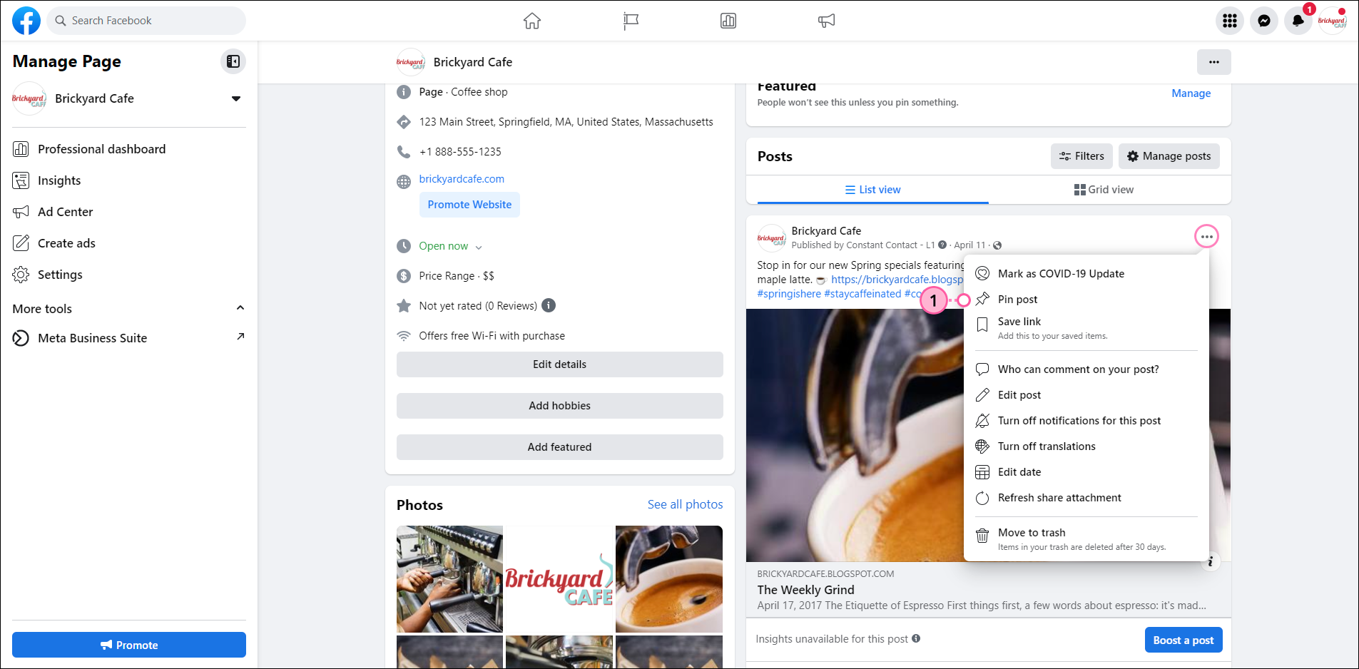 Facebook Post Menu Expanded (Menú expandido de publicaciones de Facebook) y Pin to Top of Page Option (opción Fijar en la parte superior de la página)