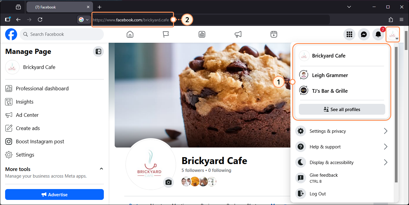 Page Facebook ouverte dans un navigateur, icône de profil avec menu de profil développé, et URL de la page en haut du navigateur