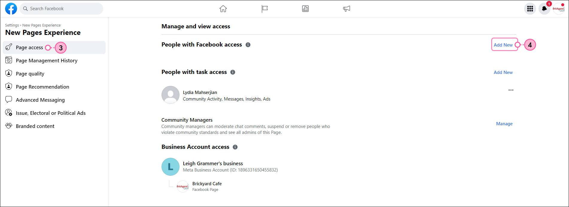 Page Roles Option, Assign a New Page Role Section, New User Field, Page Role Drop-down Menu and Admin Option, and Add Button