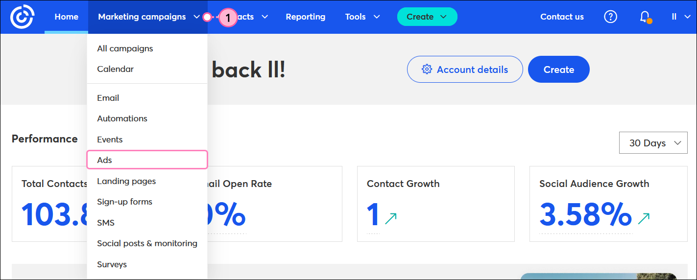 Campaigns tab, List View tab selected, Campaigns menu with Ads option selected, Status menu with Active option selected, Sort menu with Last Modified option selected, active Facebook Lead Ad and Manage button