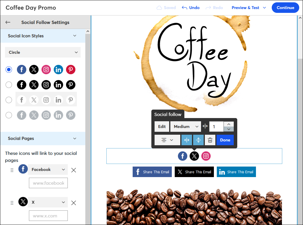 Email editor with Social Follow block selected and Settings panel