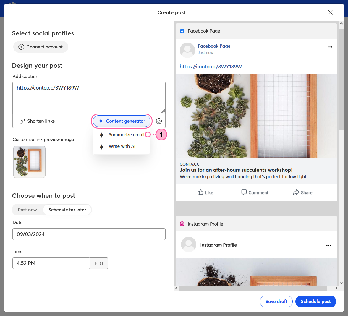 Create post overlay with Content generator drop-down menu expanded and Summarize email option selected