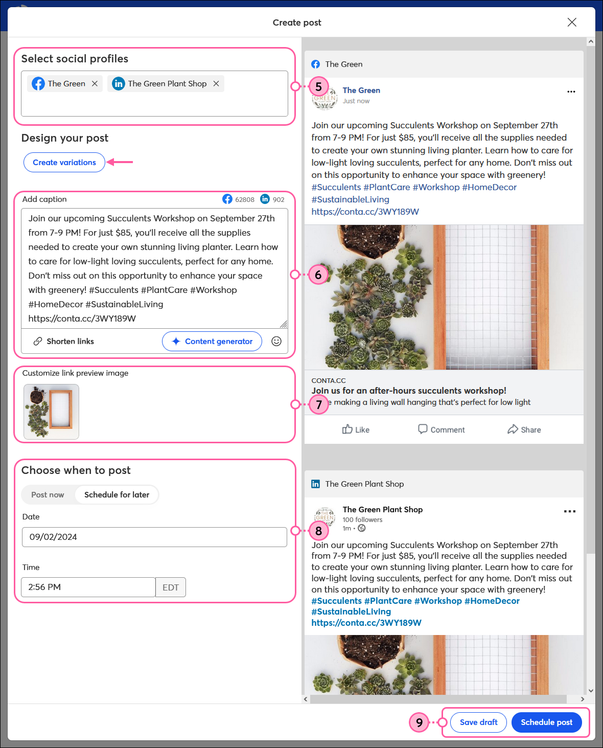 Create post overlay with Facebook and LinkedIn posts visible, Select social profiles options, Create variations button, Add caption field with Shorten URLs option, Content generator option, and emoji option, Customize link preview image option, Choose when to post section with Schedule for later option selected and date and time fields, and Save draft and Schedule post buttons