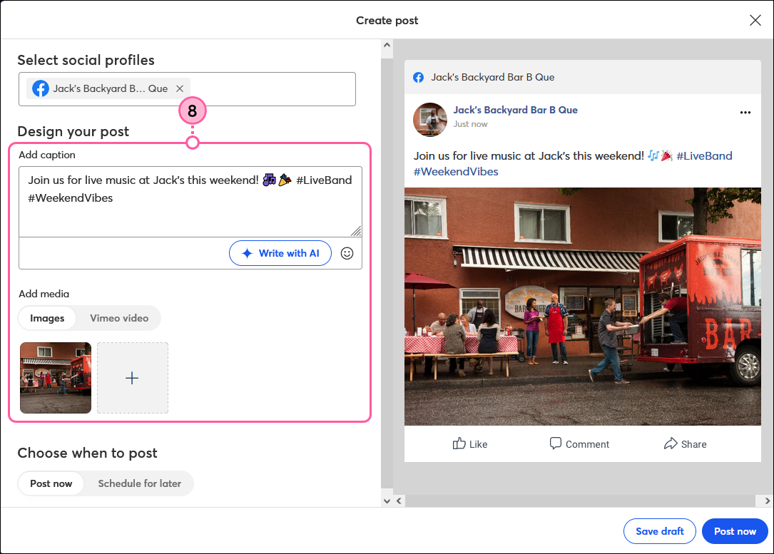 Social Post editor, caption inserted and customization options