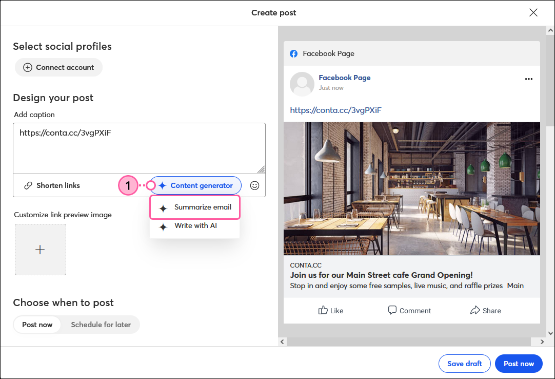 Social Post editor, Post caption field, Content Generator drop-down, and Summarize Email option