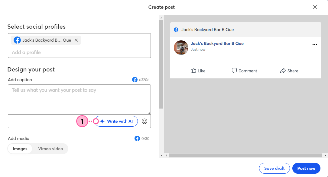 Social Post editor, Post caption field, and Write with AI button