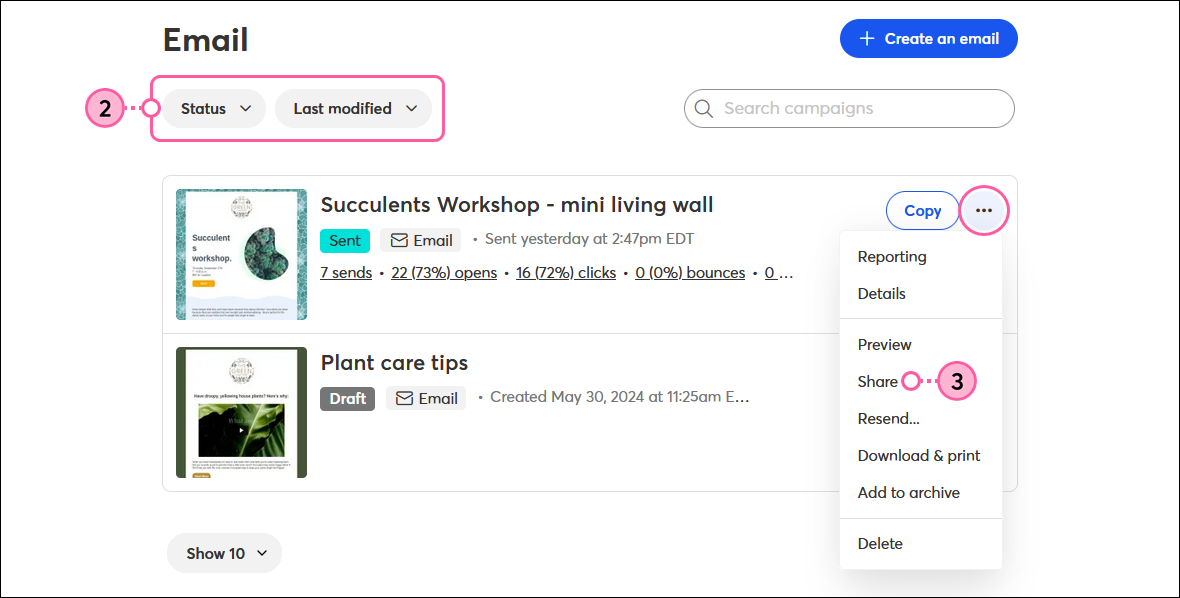 Email dashboard with Status and Last modified drop-down menu options, and Sent email with menu expanded and Share option selected