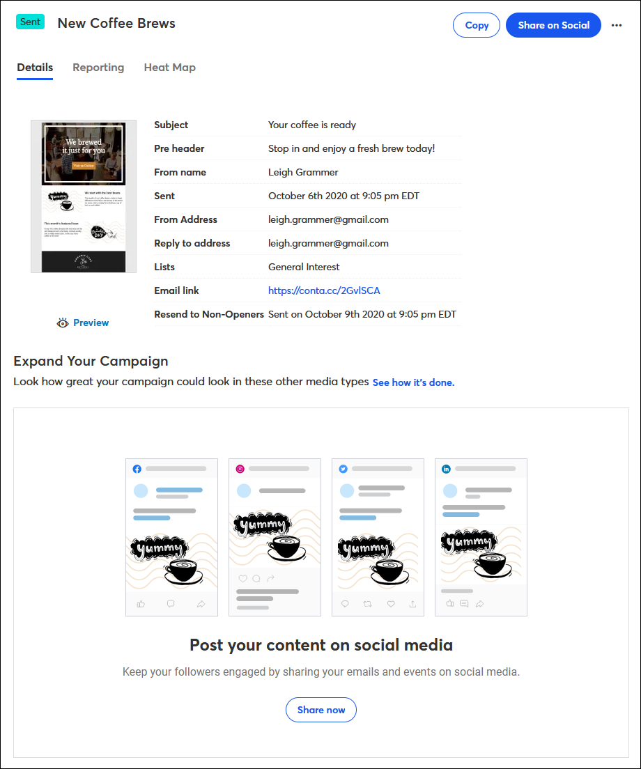 Email Details page, Details tab, and Expand Your Campaign section with Share button
