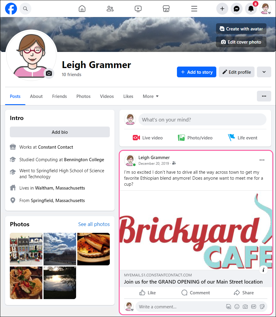 Sample Facebook Post with Permanent URL for Email