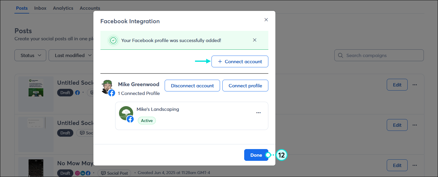 Facebook Integration overlay with connection success banner, + Connect account button, and Done button