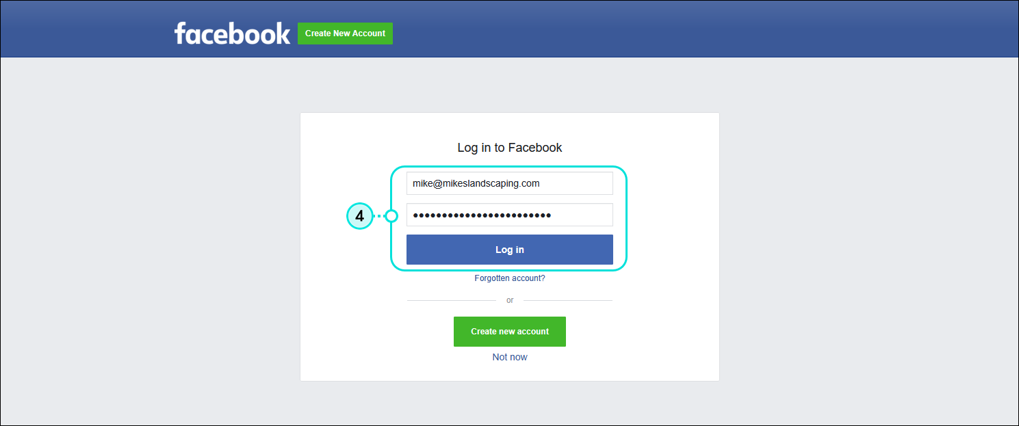Facebook login page with user name field, Password field, and Log in button