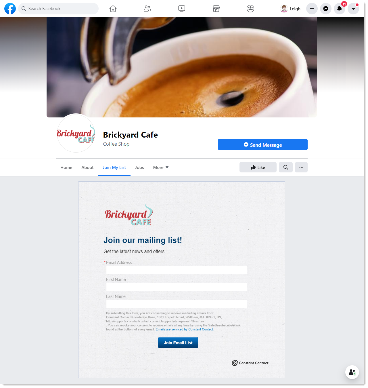 Join My List Tab selected in tab menu of Facebook Business Page with open sign-up form