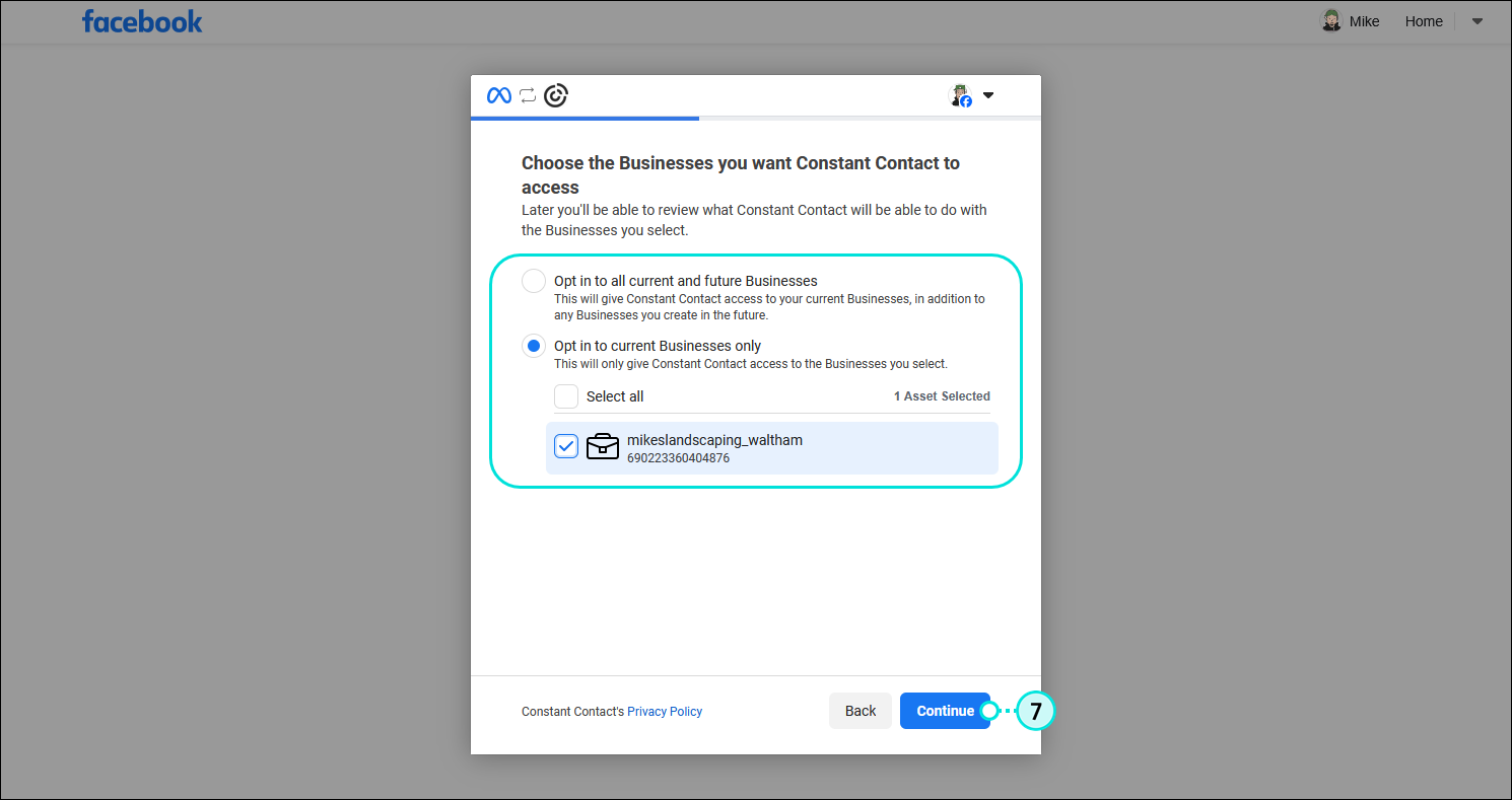 Facebook Choose the Businesses you want Constant Contact to access overlay with opt-in options and Continue button