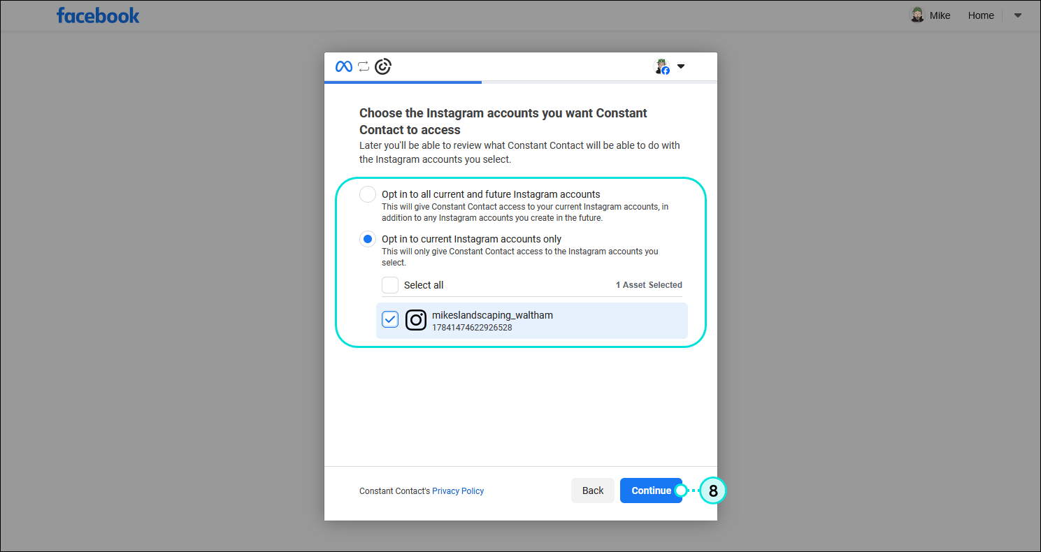 Facebook Choose the Instagram accounts you want Constant Contact to access overlay with opt-in options and Continue button