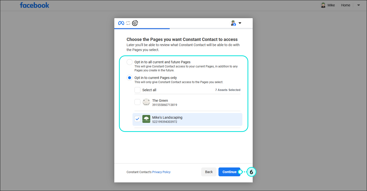 Facebook Choose the Pages you want Constant Contact to access overlay with Opt in options and Continue button