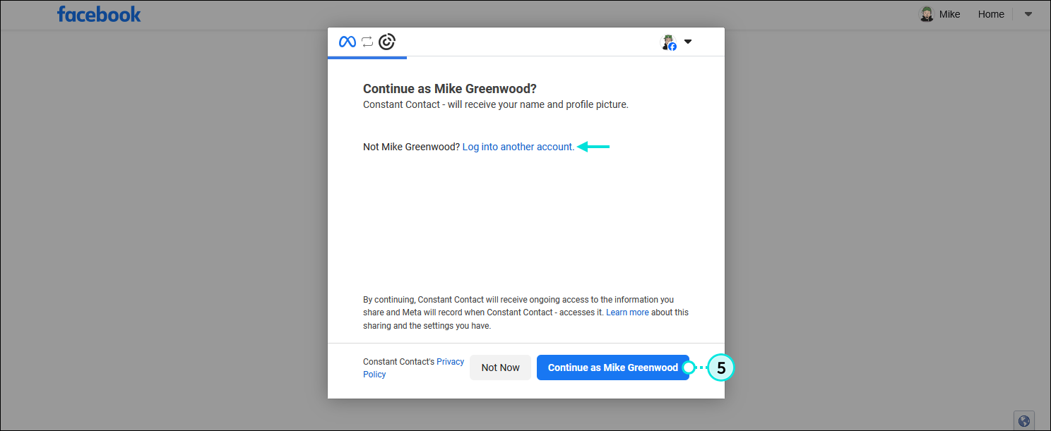 Facebook Continue as [Name] page with Log into another account option and Continue as [Name] button