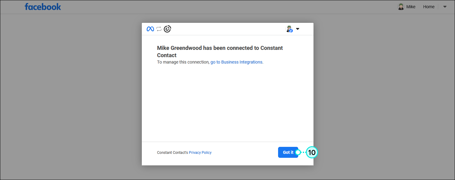 Facebook [Name] has been connected to Constant Contact overlay with Got it button