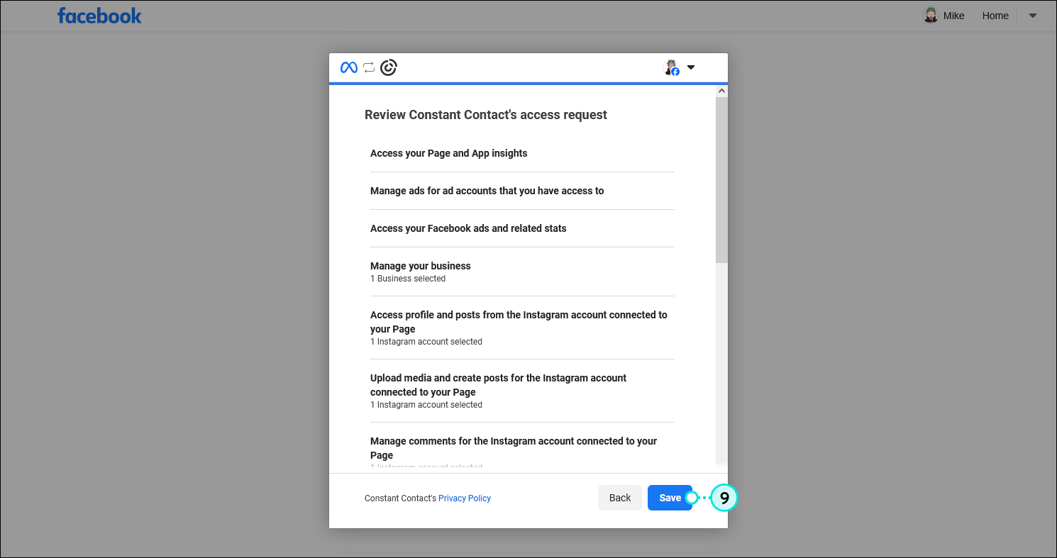 Facebook Review Constant Contact's access request overlay with permissions and Save button