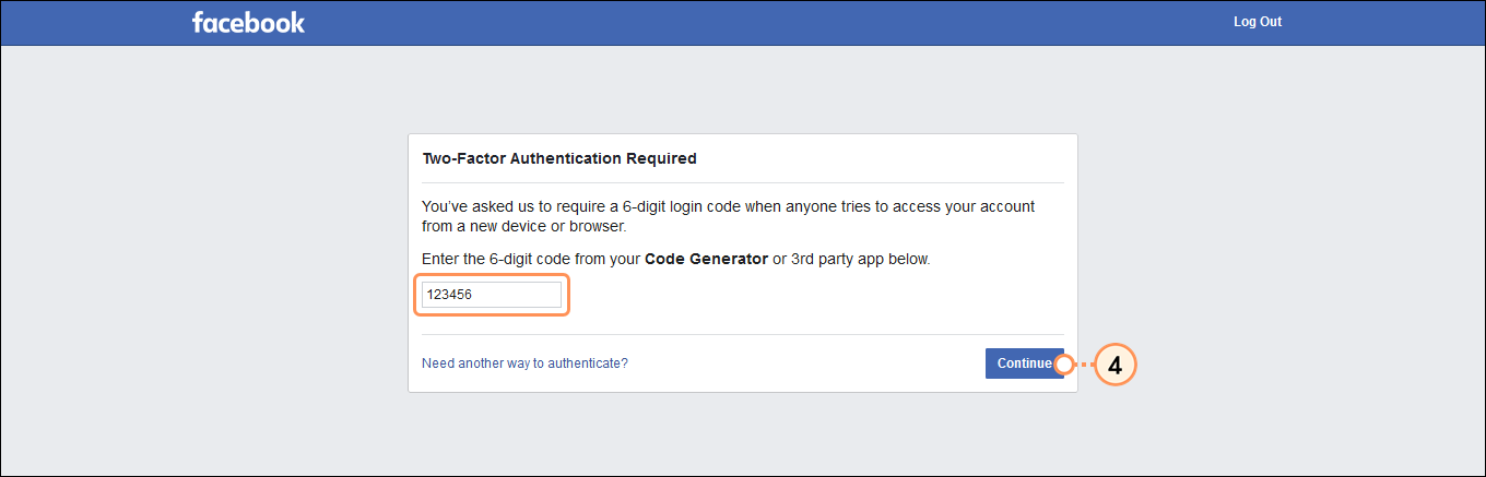 Facebook Two-Factor Authentication Required page with Code field and Continue button