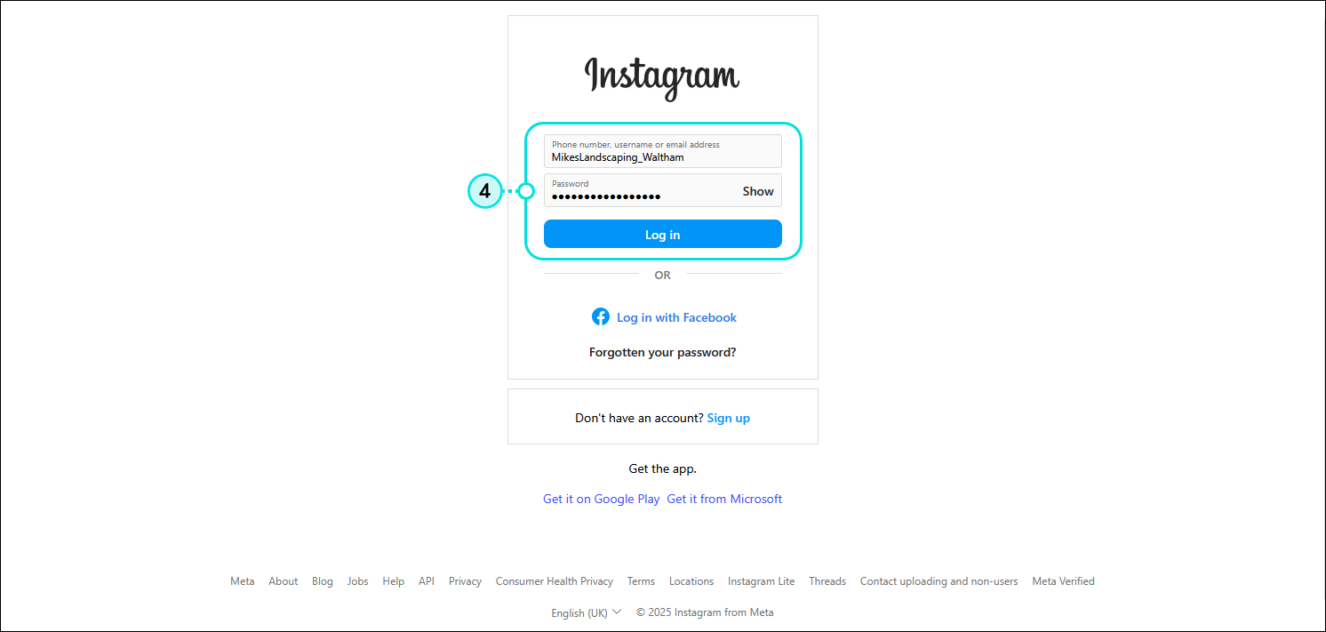 Página de inicio de sesión de Instagram con campo Nombre de usuario, campo Password (Contraseña) y botón Iniciar sesión