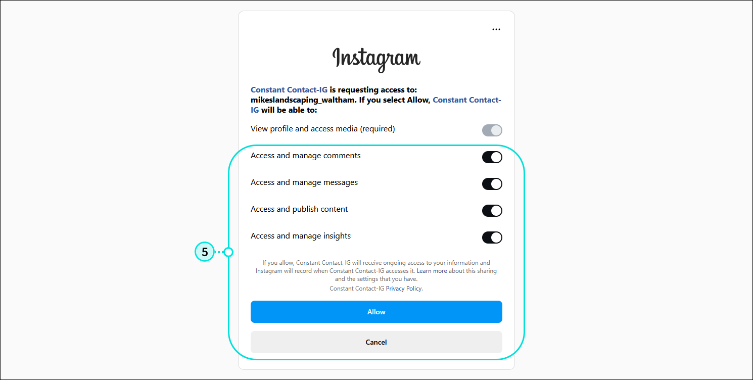 Página Instagram permissions (Permisos de Instagram) con opciones Access and manage comments (Acceder y administrar comentarios), Access and manage messages (Acceder y administrar mensajes), Access and publish content (Acceder y publicar contenido) y Access and manage insights (Acceder y administrar estadísticas) y botón Allow (Permitir)
