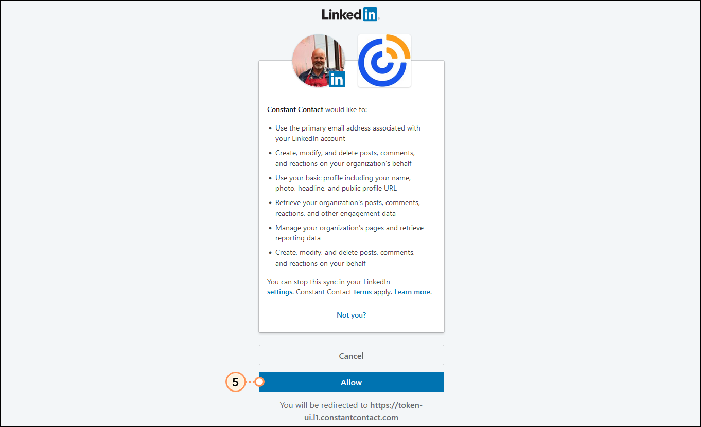 LinkedIn permissions and Allow button